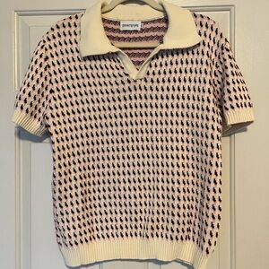 OXKNIT Men’s Knit Polo Jacquard Panel Shirt Short Sleeve Retro Textured Vintage